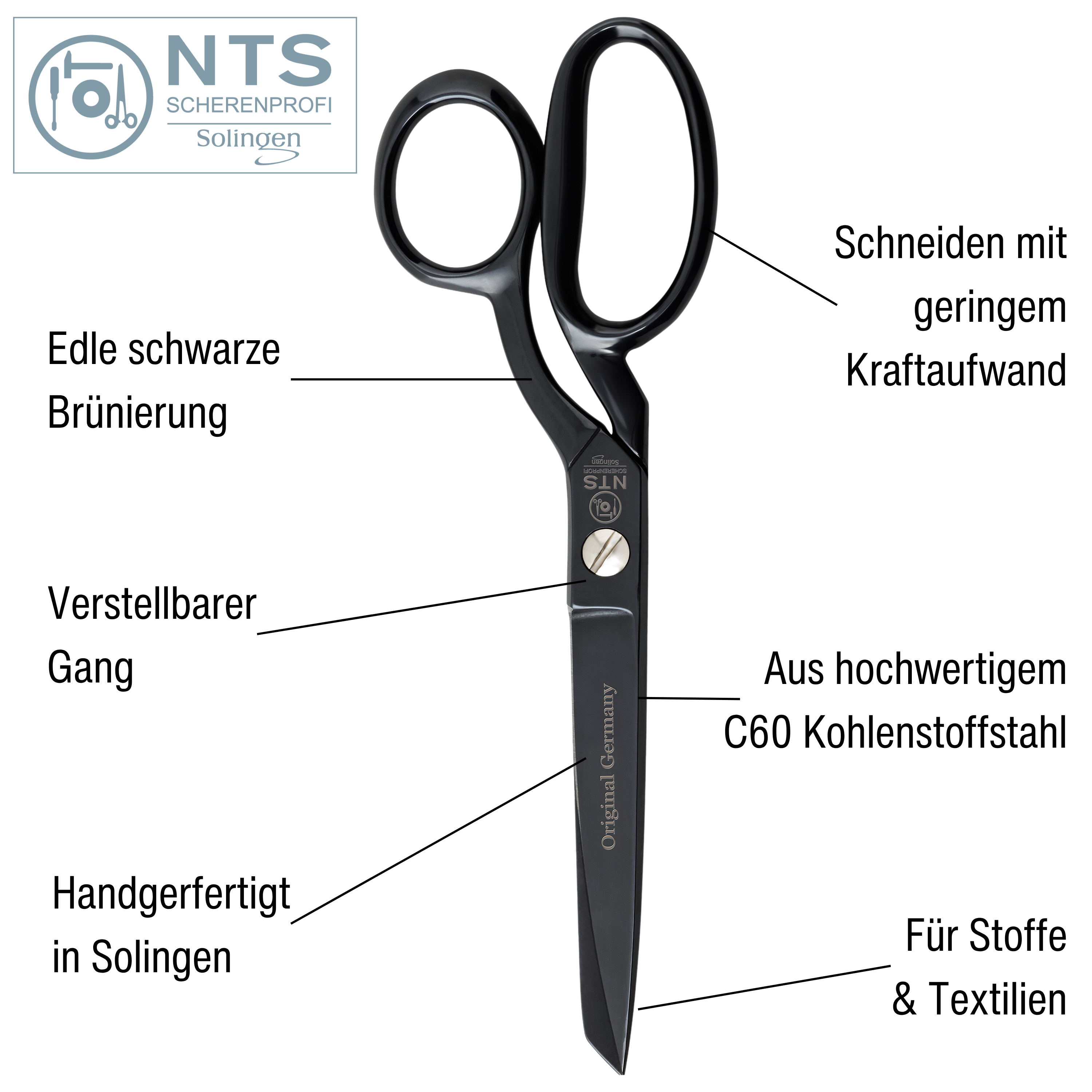 NTS Black 9.5" Black Edition Tijera de sastre Tijera textil Tijera de tela Tijera industrial, aprox. 24 cm NTS Black 9.5" Black Edition Tijera de sastre Tijera textil Tijera de tela Tijera industrial, aprox. 24 cm