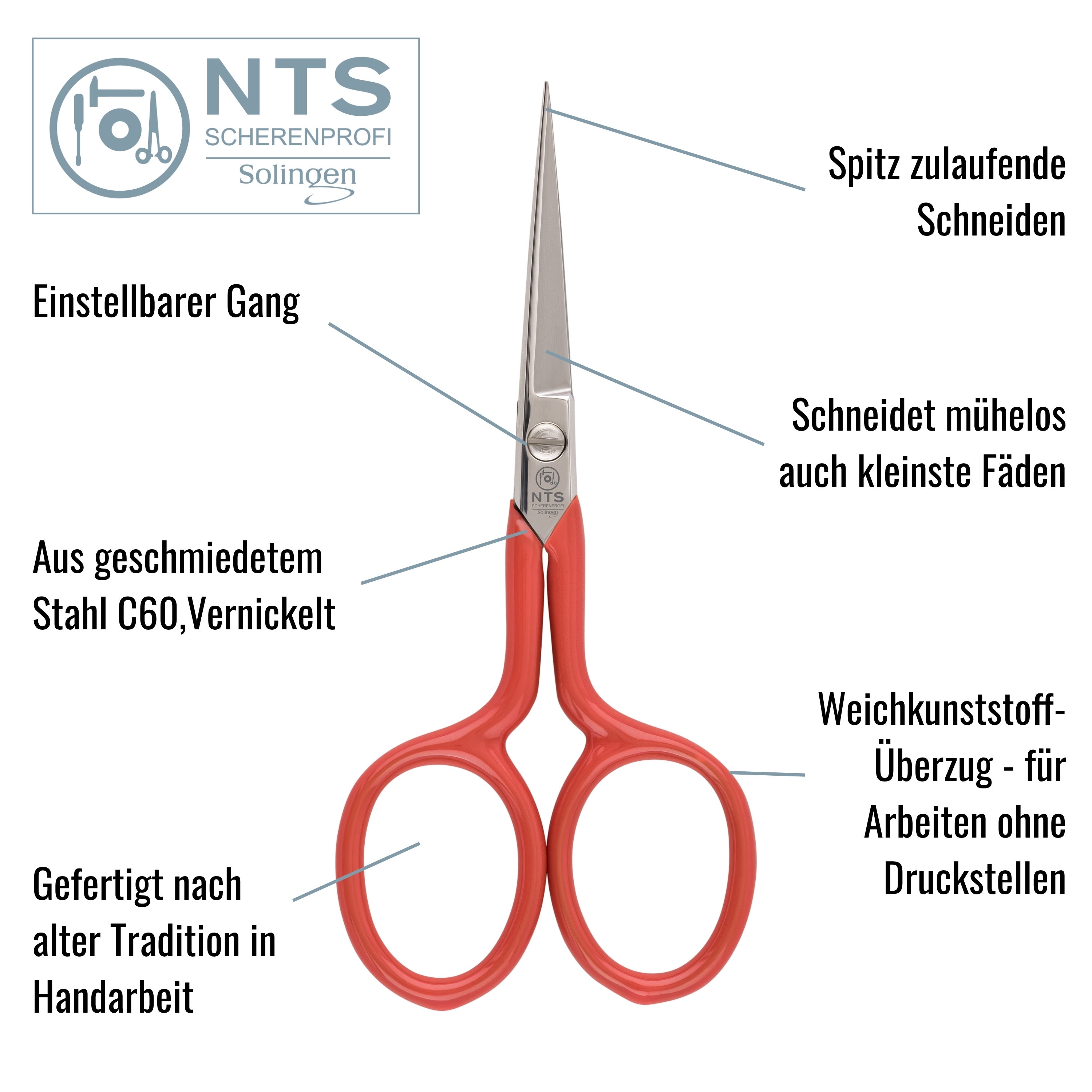 NTS Stickschere vernickelt Griffe PVC ROT 3,5"